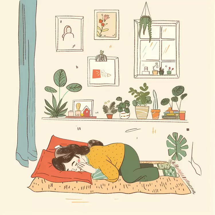 Woman Sleeping potted plants room vintage style