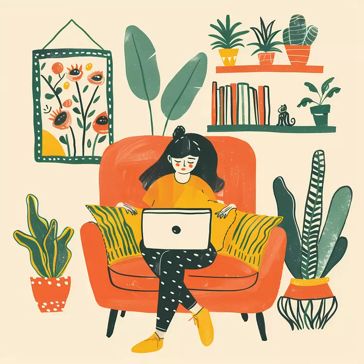 Woman Working on Laptop in Cozy Home Office