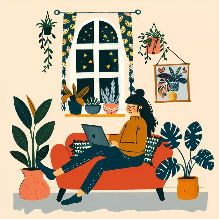 Woman with Laptop in Cozy Living Room