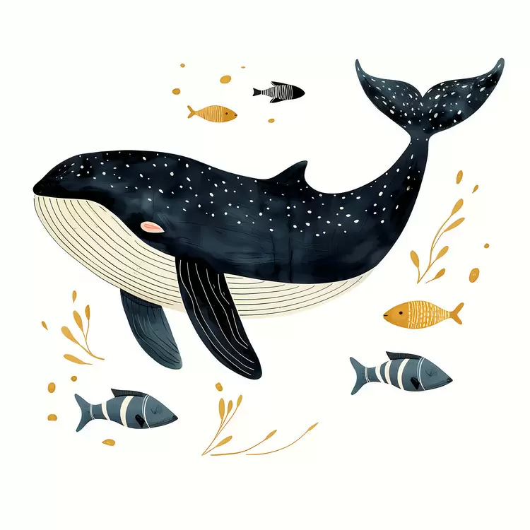 watercolor Whale And Fish black and white illustration sea creatures