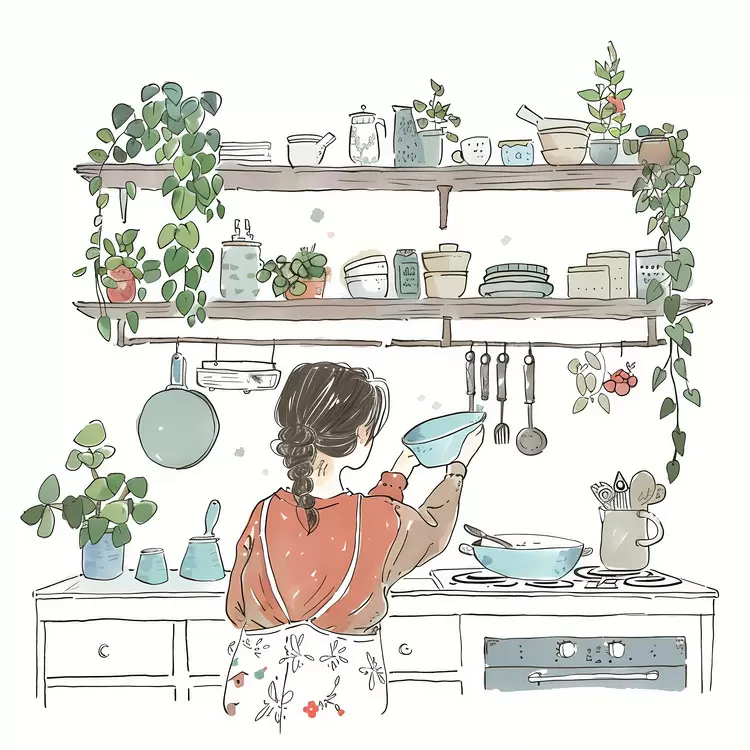 Woman in kitchen cooking plants spices