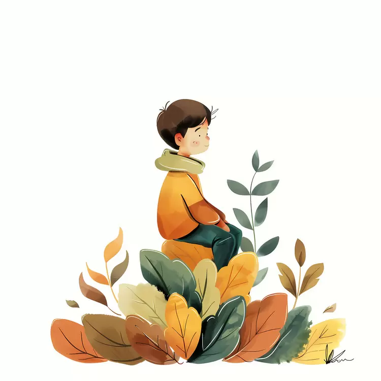 Autumn scene Environmental illustration Orange jacket Brown hair Green leaves
