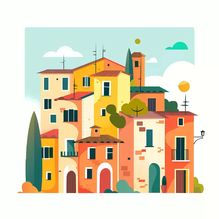Colorful houses in a Mediterranean village illustration