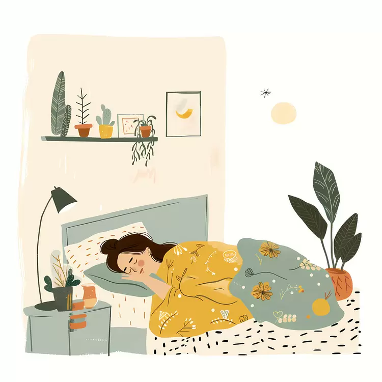 Woman sleeping in bedroom with windows Woman sleeping with book in hand Woman sleeping under a lamp Woman sleeping in bed with plants on windowsill Woman sleeping in yellow comforter