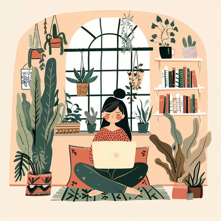 Girl with Laptop in Cozy Home Interior