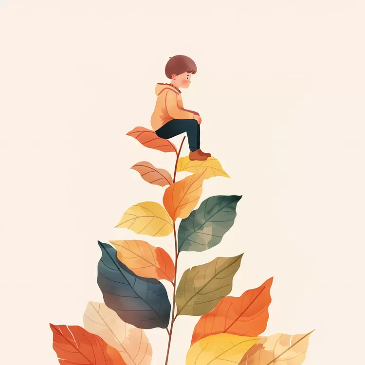 Boy sitting orange jacket child sitting on tree branch tree trunk tree in the forest