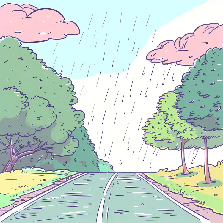 Rainy Road in Cartoon Style