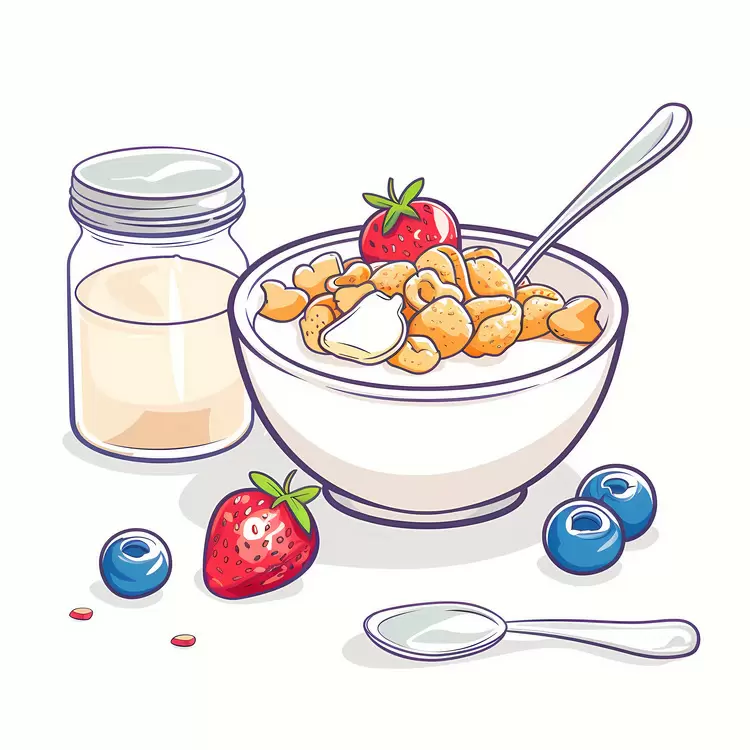 milk and cereal bowl breakfast cereal spoon glass jar with berries