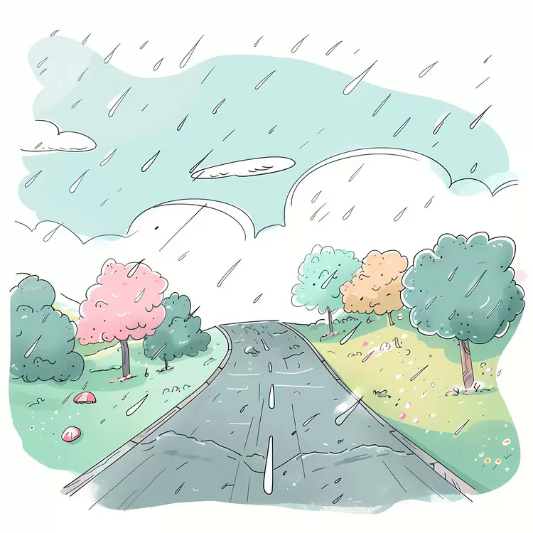 Rainy Road in Cartoon Style