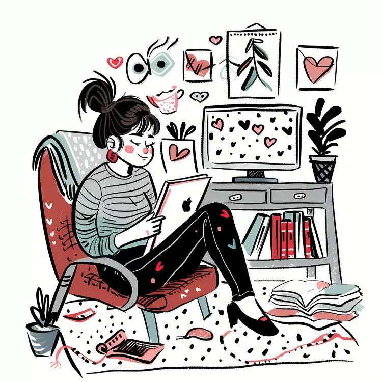 Girl Reading Tablet in Cozy Home Illustration