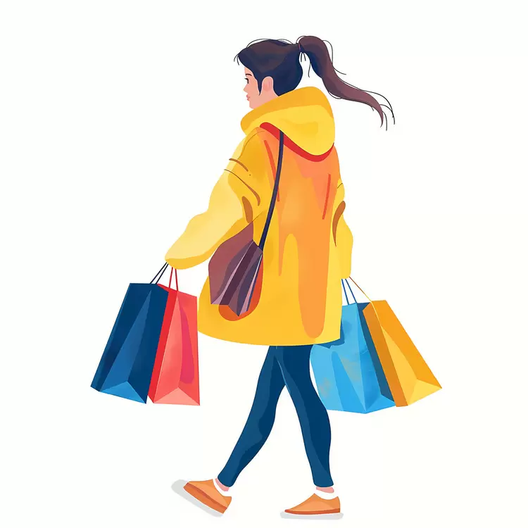 yellow jacket woman walking with shopping bags woman in raincoat character sketch