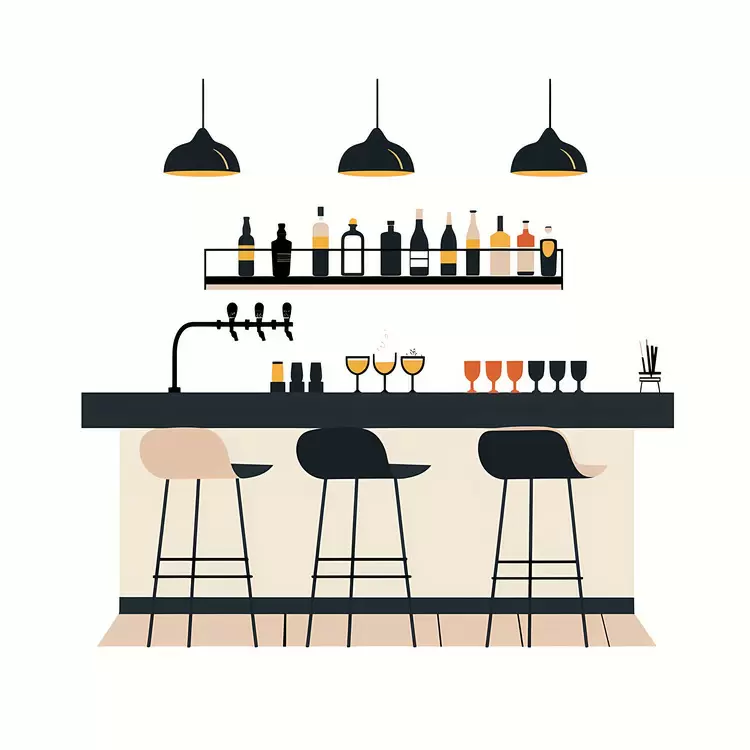black counter top stools Bar counter hanging light fixtures white walls