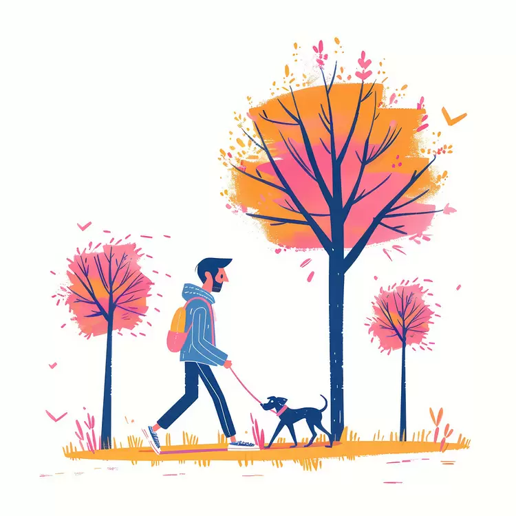 Autumn forest Warm colors man walking dog Park walk Hand drawn