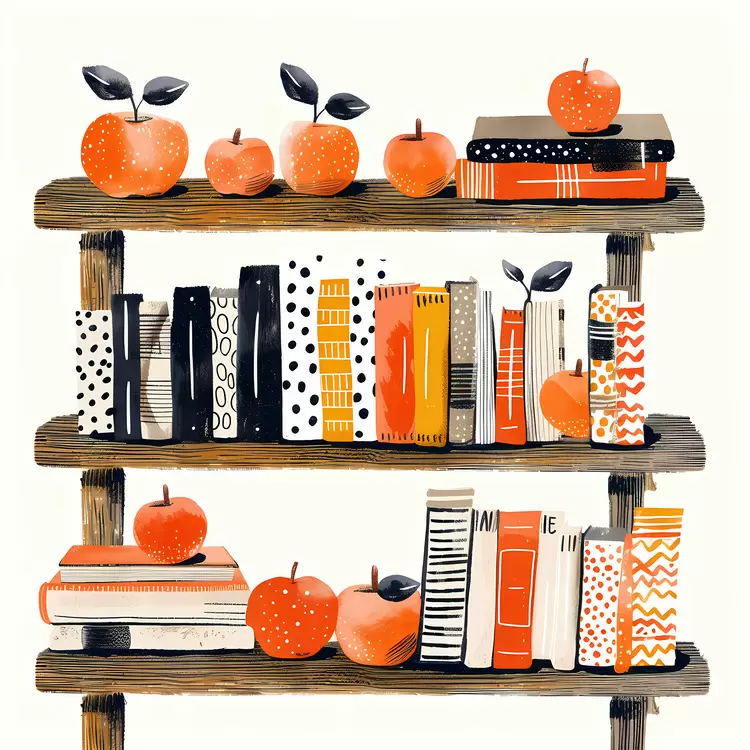 books wooden shelf orange apples study area reference materials