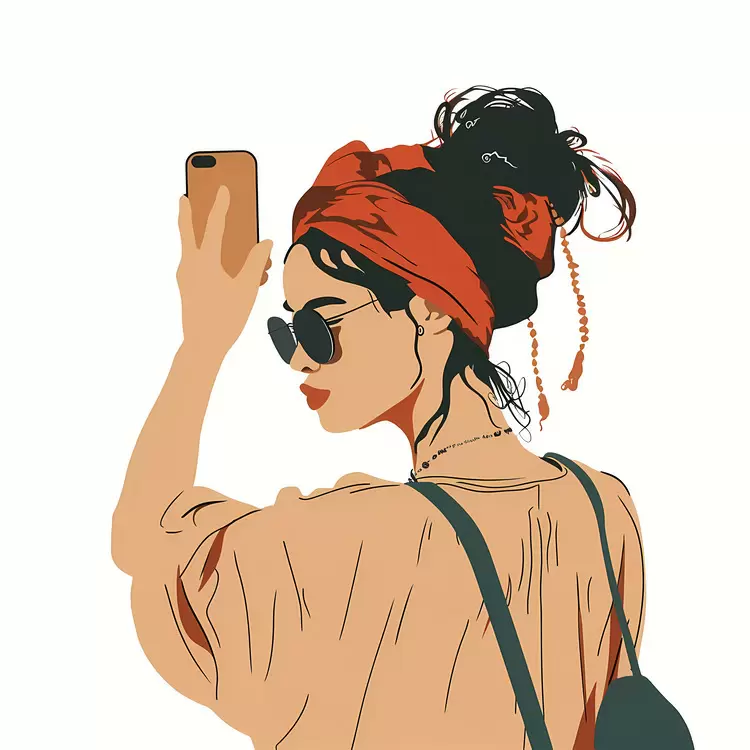 sunglasses hand holding phone sun hat tshirt portrait