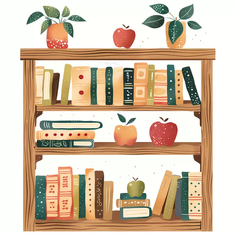 potted plant wooden shelf books on shelf apples bookshelf