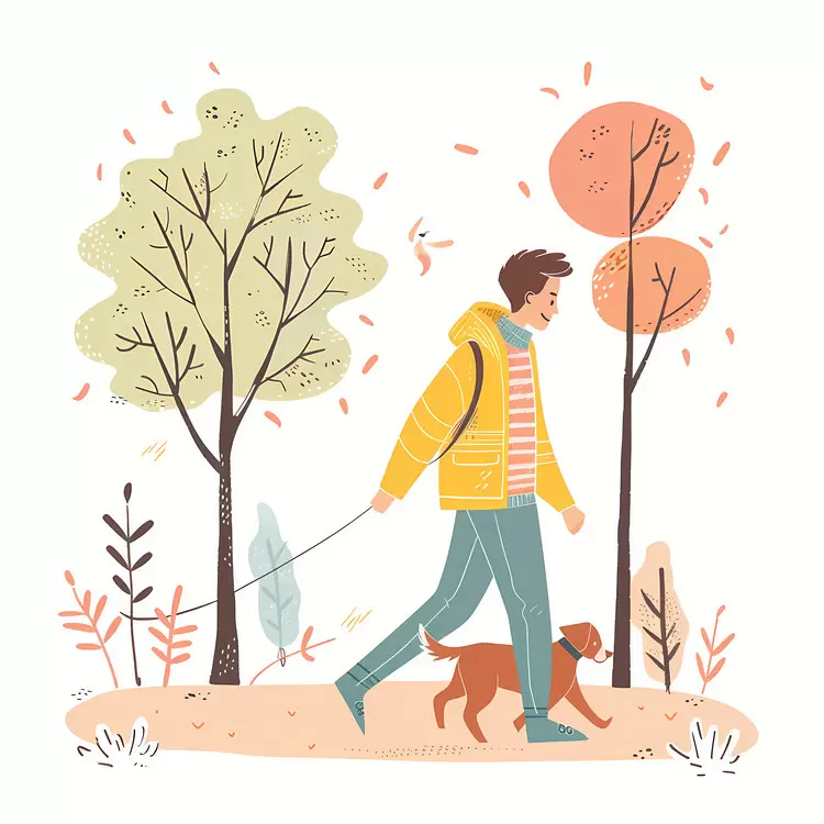 park trees man with dog autumn leaves walk