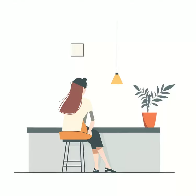 woman sitting on stool woman working at desk woman in front of window woman looking at screen woman talking on phone