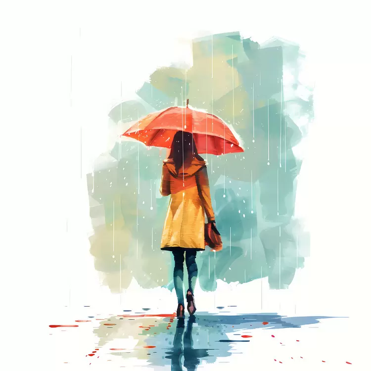 Girl in Raining blonde hair yellow coat watercolor painting