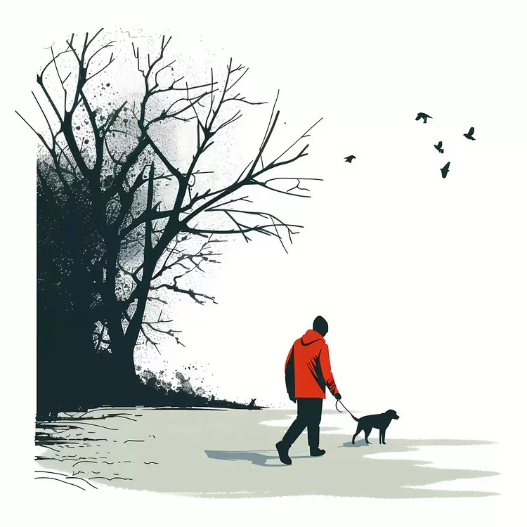 outdoors man walking dog winter scene black and white illustration