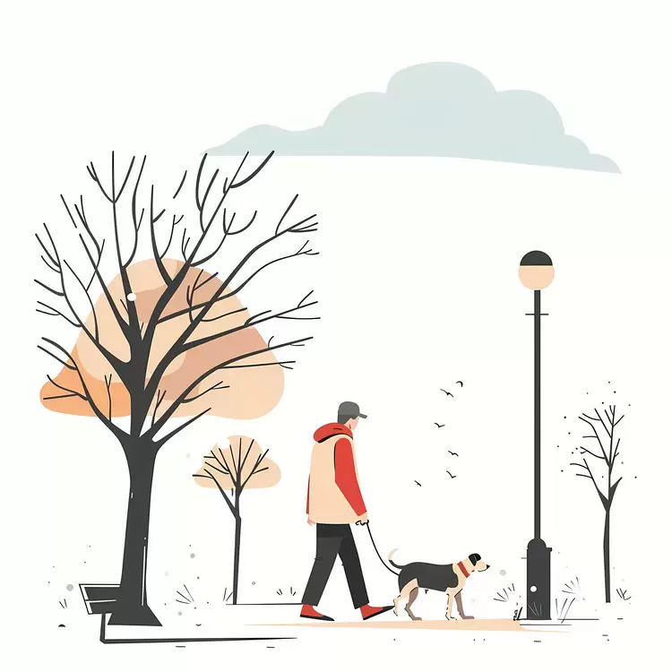 red jacket Is there a lamp post in the tree man and dog Is there a person in the