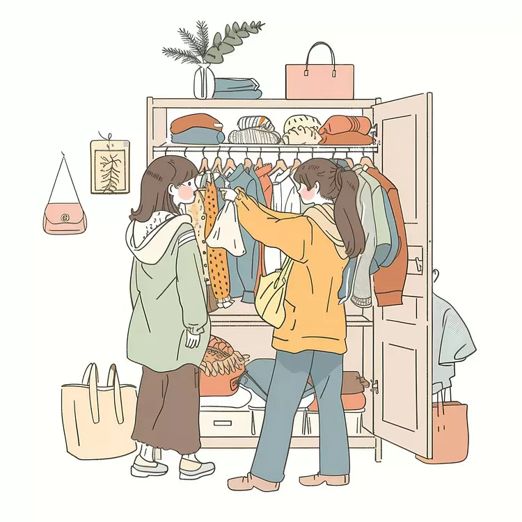 bags shirts Woman taking clothes hangers closet