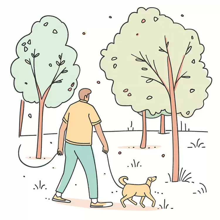 walking in park cartoon man and dog leash man walking dog