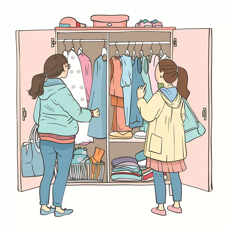 Woman taking clothes wardrobe hanging garments