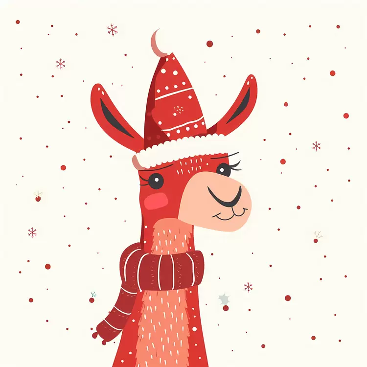 llama in santa hat cartoon snowy snowflakes