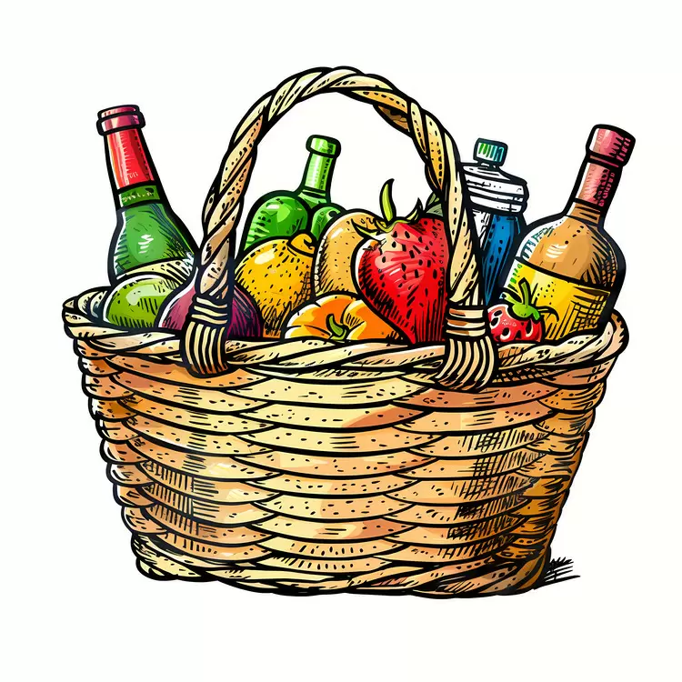 Basket of groceries Summer vacation Hand drawn Basket with food items on the table Outdoor setting