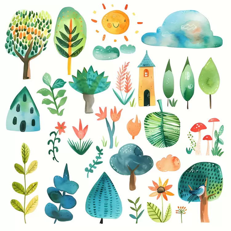 Nature Watercolor Sky Buildings Trees
