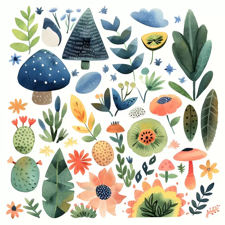 surreal whimsical botanical foliage watercolor