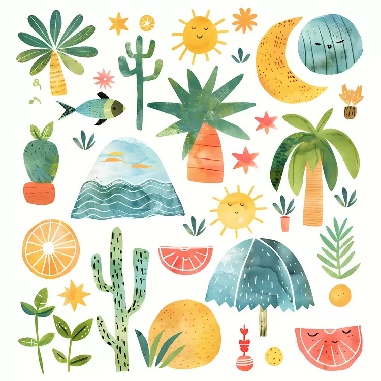 watercolor artwork plants seascape elements
