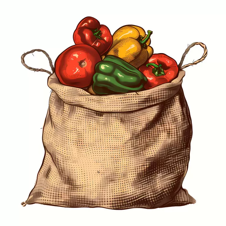 Vintage design Summer vegetables Antique print Bag of groceries Peppers in a bag