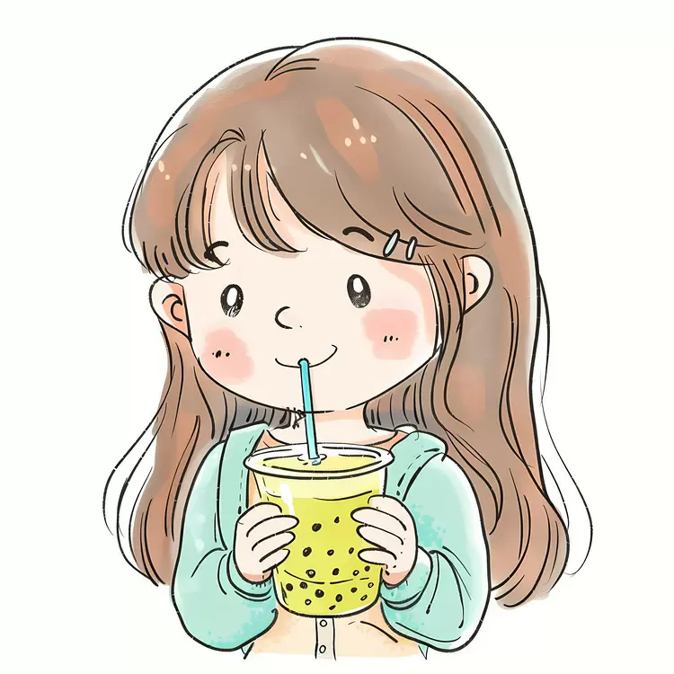 beverage cartoon caucasian face long hair Girl drinking bubble tea