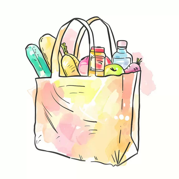 Bag of groceries colorful hand drawn wipeable shopping bag