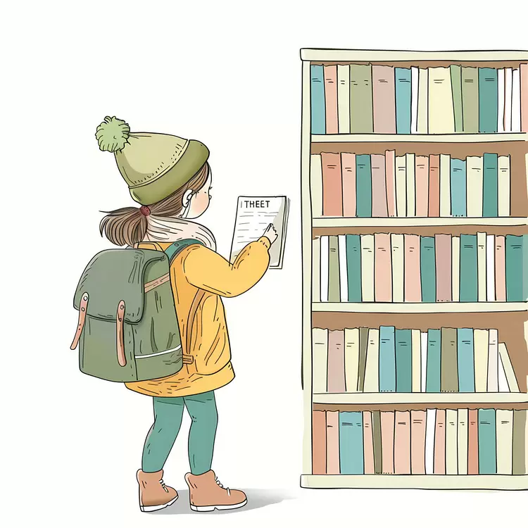 backpack yellow coat Girl Browsing Book library