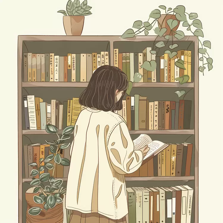 Girl Browsing Book red plant black shelf woman in white shirt and jeans green plant