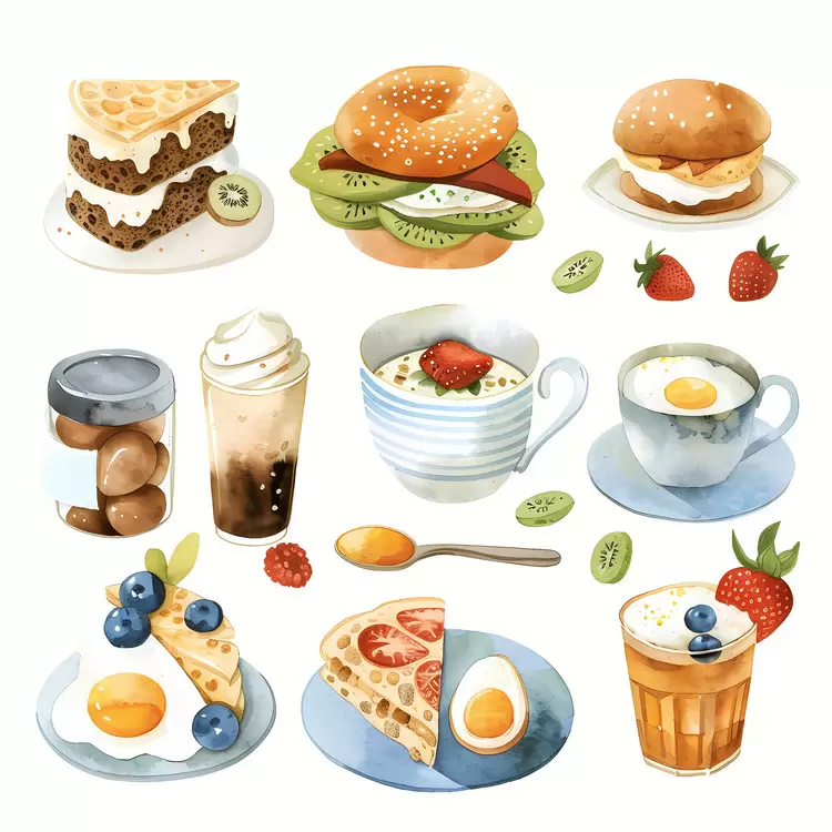 Pancakes Smoothies Food and drink Watercolor Breakfast