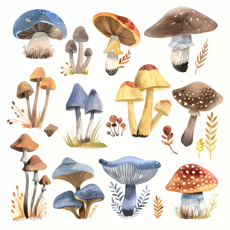 Watercolor Fall Woods Mushrooms Botanical