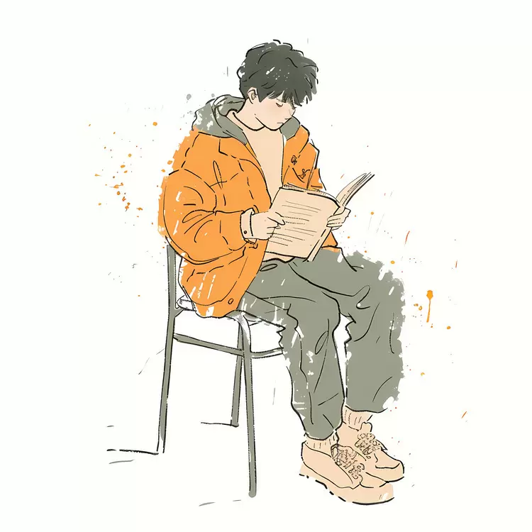 Boy reading book Young man sitting on a chair reading a book In an indoor setting Wearing an orange jacket Sitting on a wooden chair