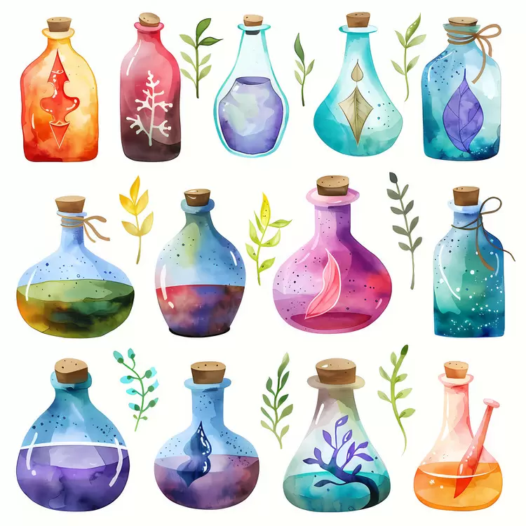 Wise old wizards magic potion Watercolor painting Mystical bottles Enchanted objects