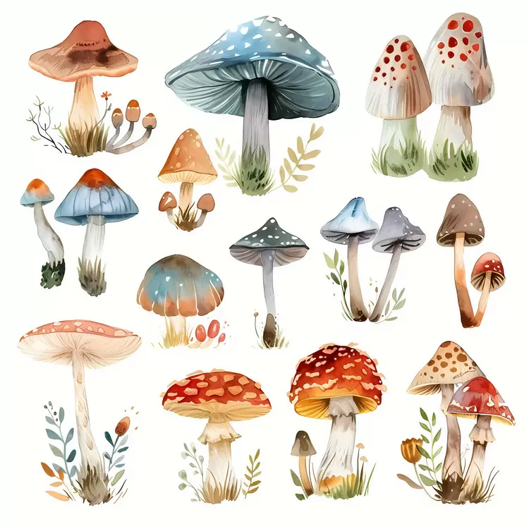 Mushrooms watercolor painting botanical illustration