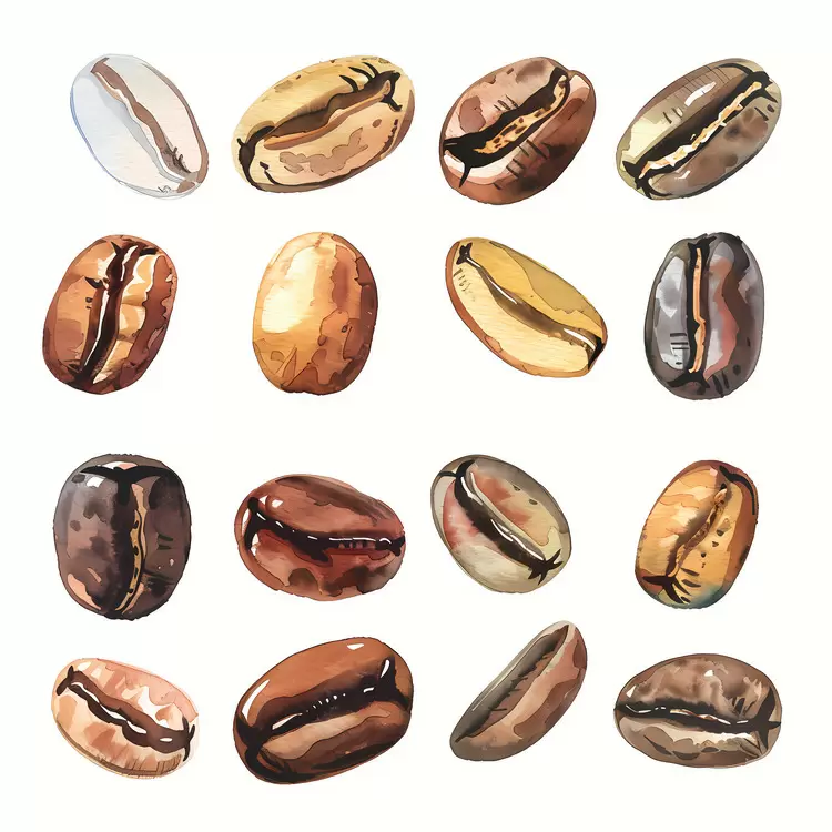 Coffee seedlings on a white background Lightly roasted coffee beans Roasted brown beans Brown coffee beans on a white background