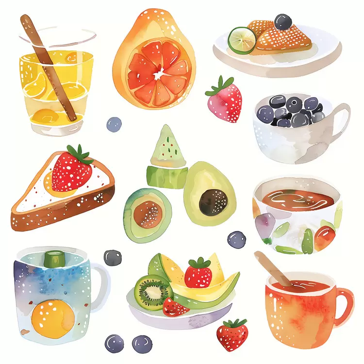 Breakfast bowl beverage fruit platter plates