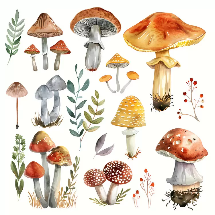 Fungal kingdom Watercolor mushrooms Toadstool Mycota Basidiomycetes