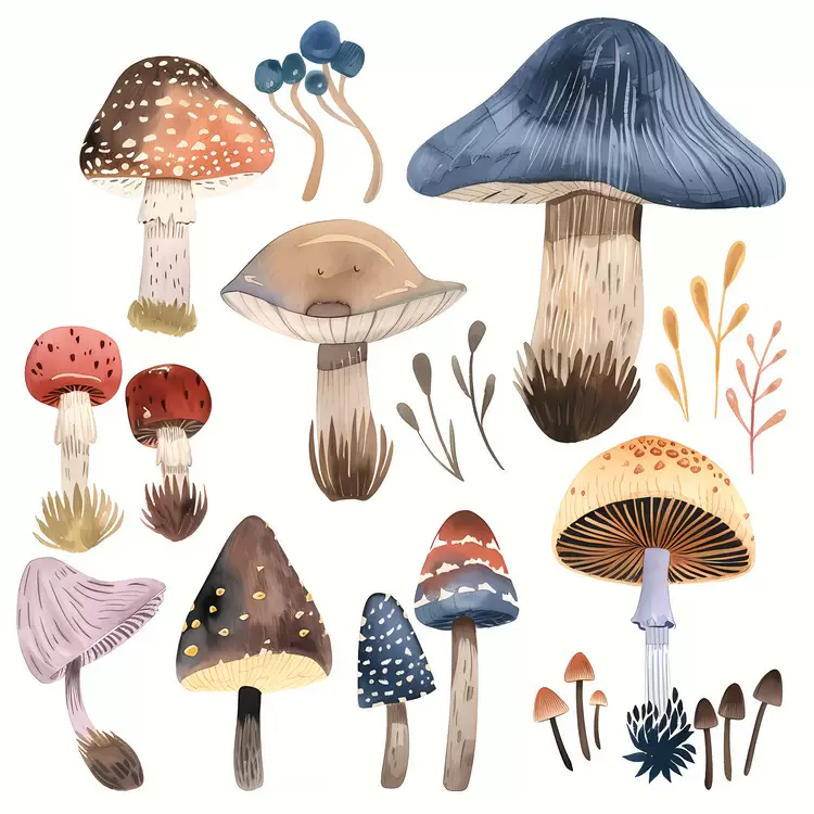 watercolor forest mushrooms toadstools soil