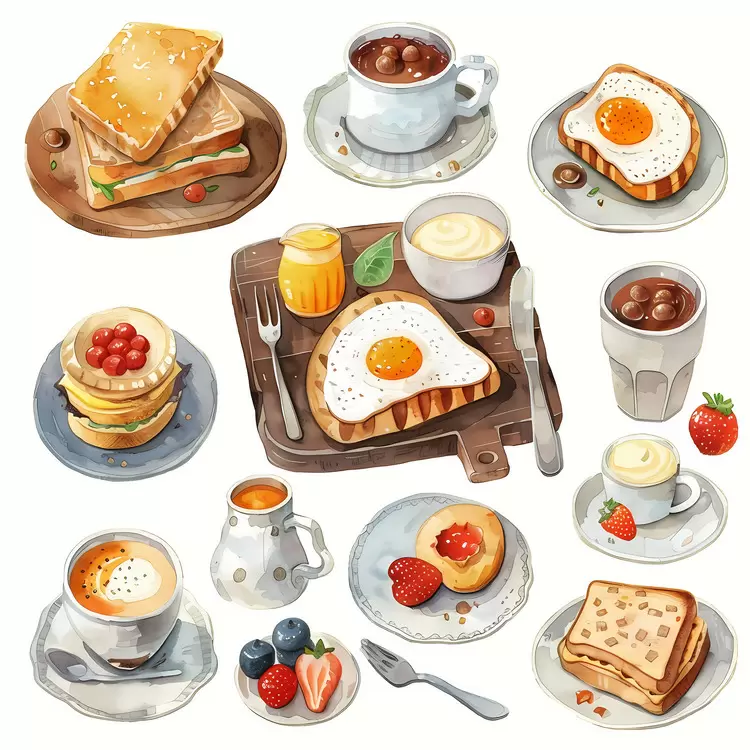 watercolor illustration breakfast foods jam coffee
