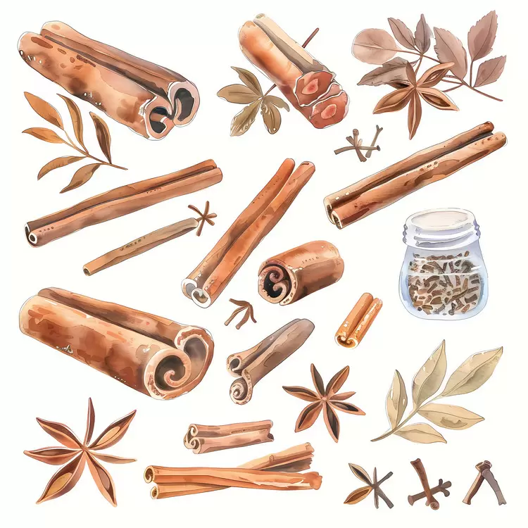 Ginger Watercolor painting of spices cinnamon and cardamom pods Spice rack