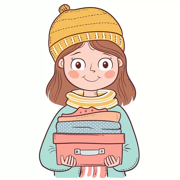 Girl carrying box smiling happy holding a box of clothes wearing a knitted cap